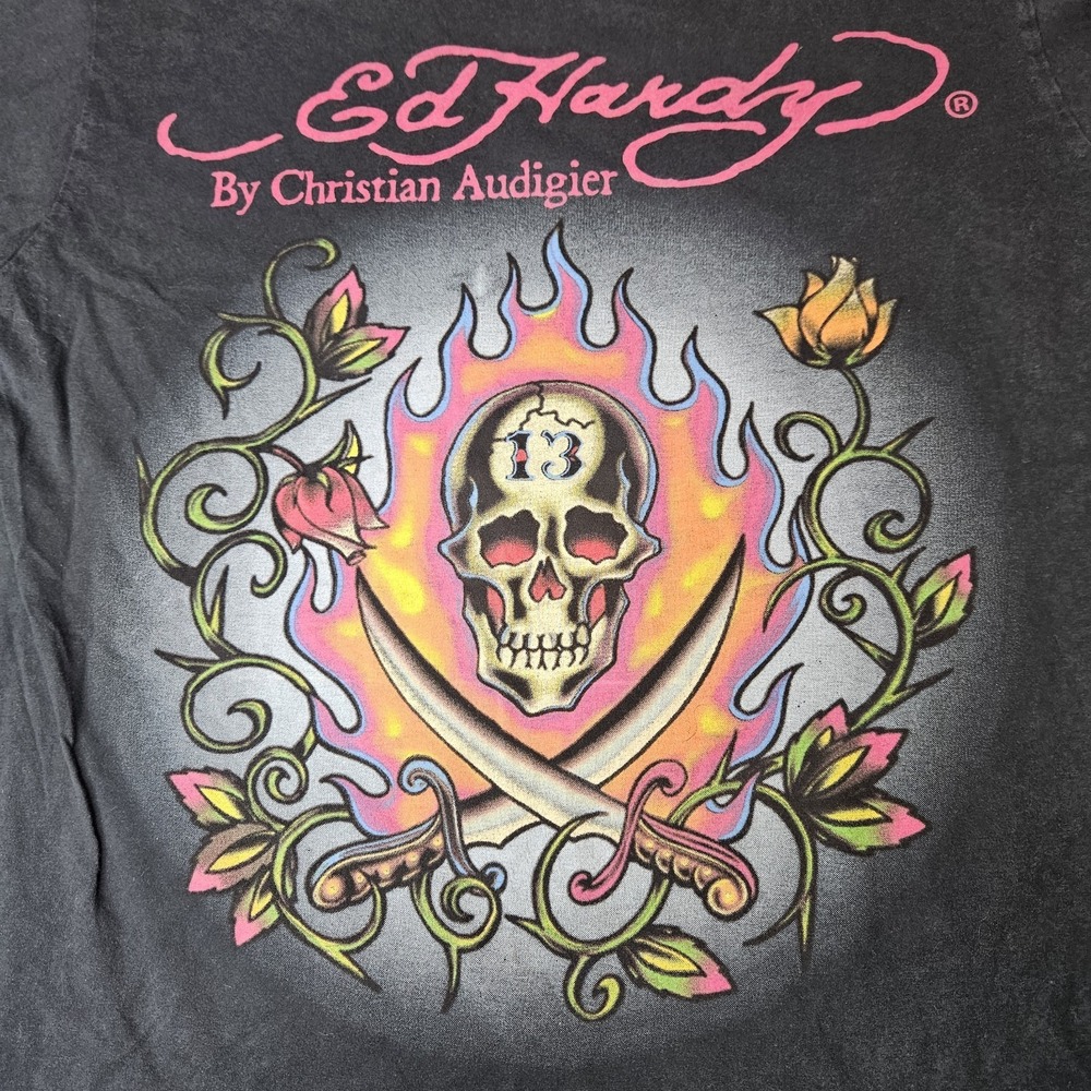 Vintage Ed Hardy By Christian Audigier Y2k Tshirt Size Large Black Skull Graphic